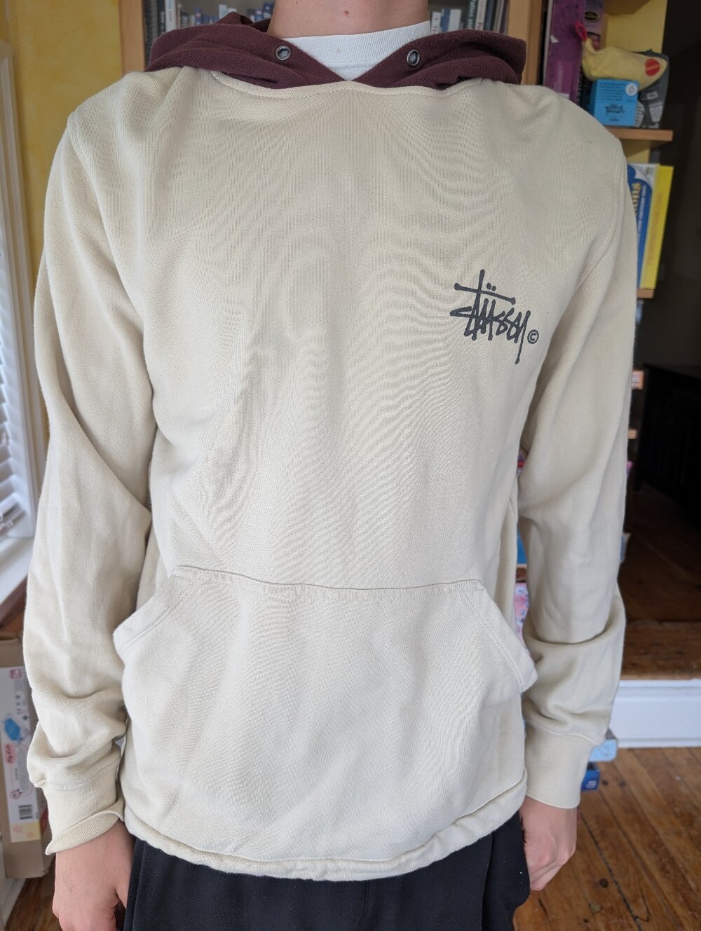 Stussy Cream Burgundy Hood Long Sleeve Graphic Hoodie K Pockets Size Smal* (M)